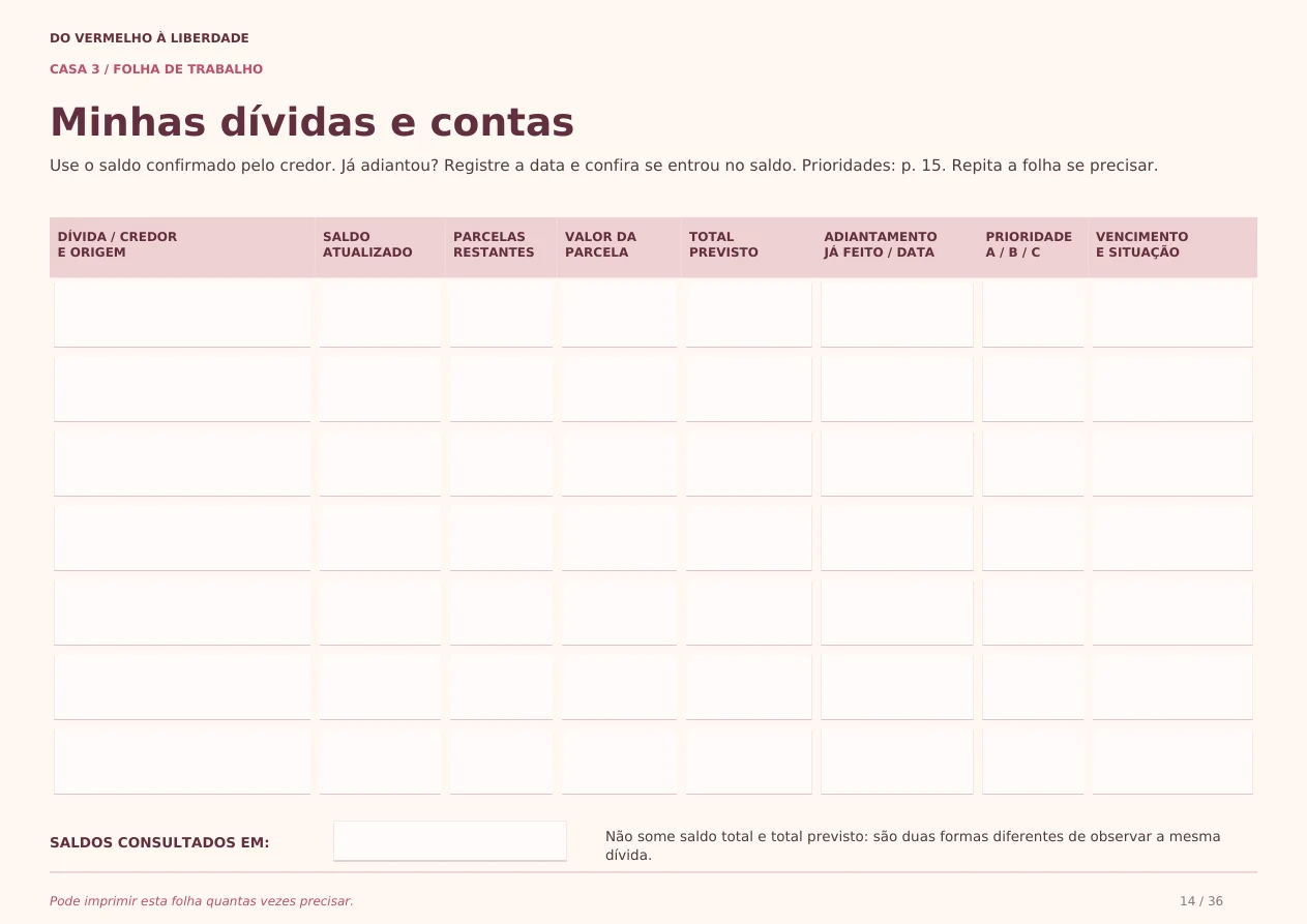Folha para registrar credores, saldos, parcelas e prioridades