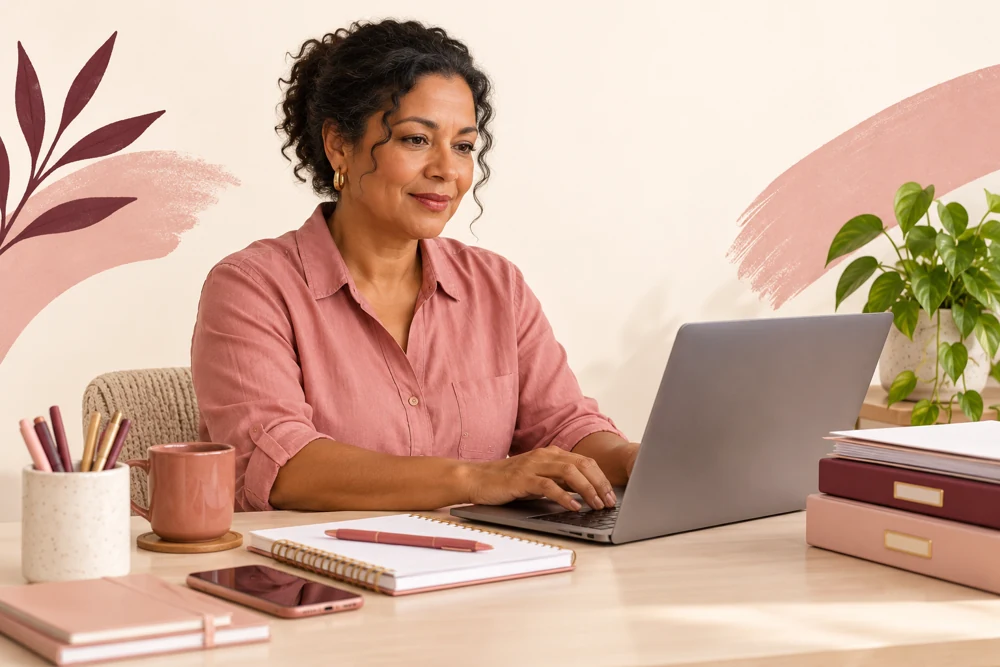 Mulher usando seu notebook em casa